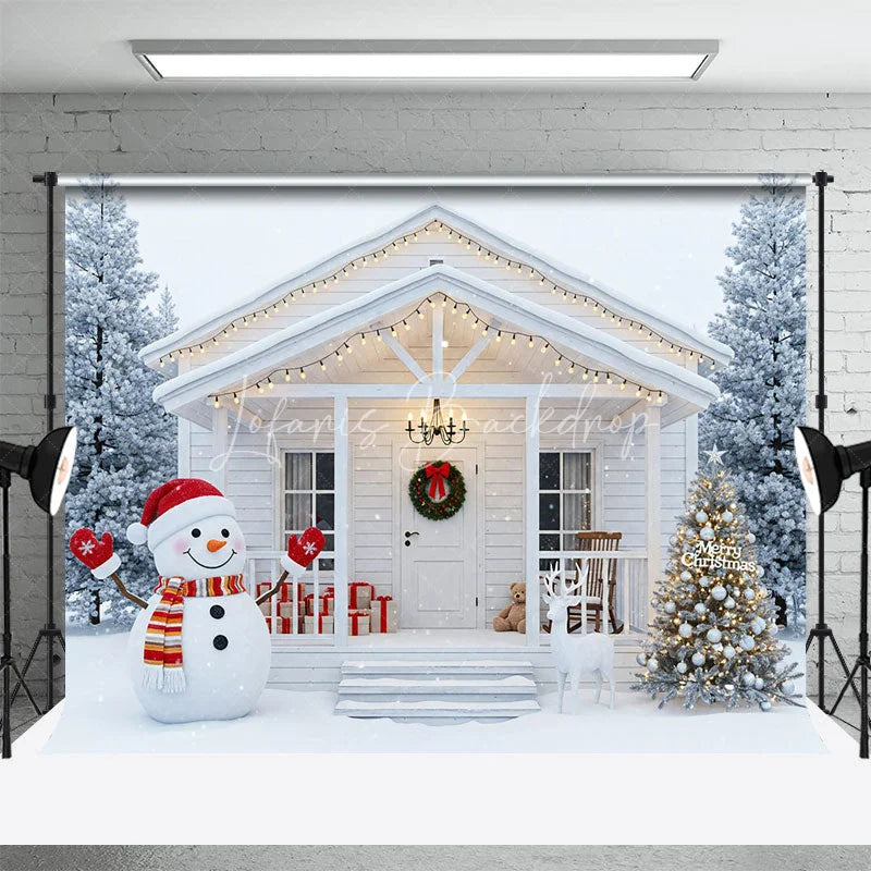 Lofaris White Christmas Porch Backdrop Snowman and Reindeer Silver Xmas Tree Winter Holiday Photography Props