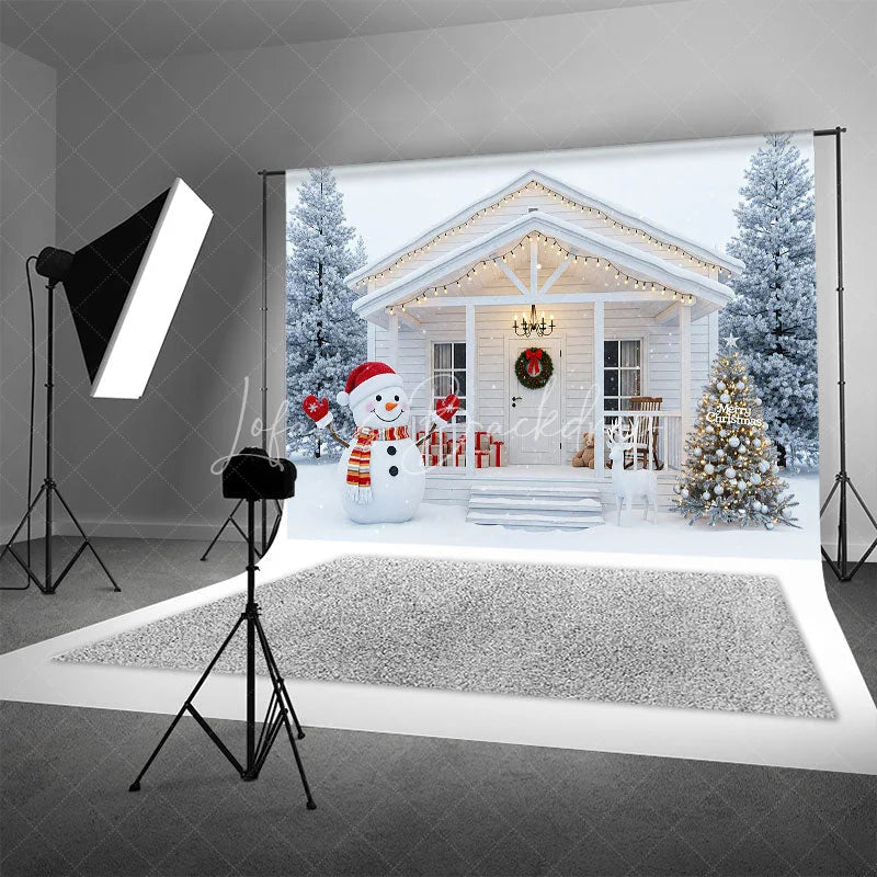 Lofaris White Christmas Porch Backdrop Snowman and Reindeer Silver Xmas Tree Winter Holiday Photography Props
