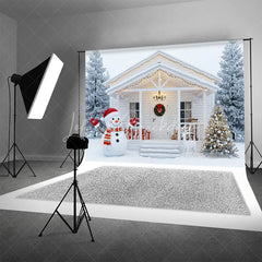 Lofaris White Christmas Porch Backdrop Snowman and Reindeer Silver Xmas Tree Winter Holiday Photography Props