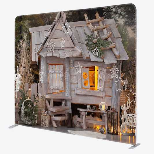 Lofaris White Christmas Wooden House Tension Fabric Backdrop