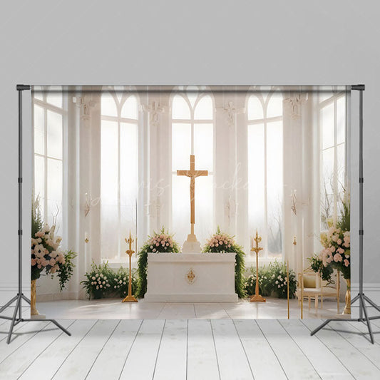 Lofaris White Church Cross Greenery Floral Wedding Backdrop