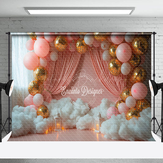 Lofaris White Cloud Pink Balloon Curtain Cake Smash Backdrop