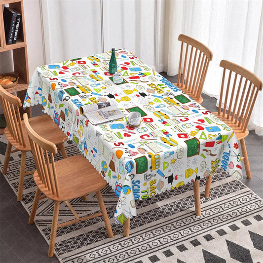 Lofaris White Colorful Back to School Doodles Rectangle Tablecloth Fun Educational Theme for Classroom Party and Home Decor