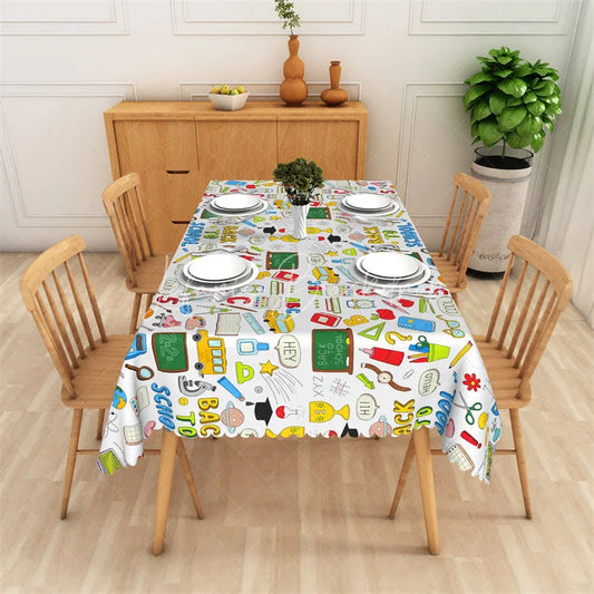 Lofaris White Colorful Back to School Doodles Rectangle Tablecloth Fun Educational Theme for Classroom Party and Home Decor