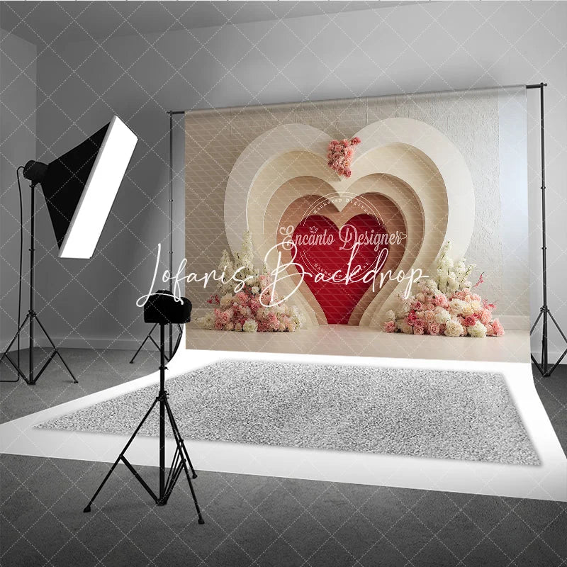 Lofaris White Cream Layered Heart Arch Red Photography Backdrop with Pink Floral Romantic Valentine’s Day Wedding Decor