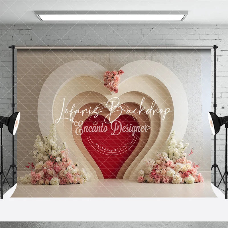 Lofaris White Cream Layered Heart Arch Red Photography Backdrop with Pink Floral Romantic Valentine’s Day Wedding Decor