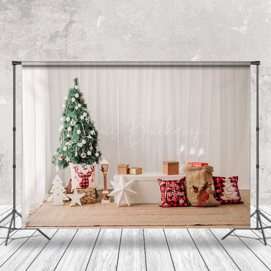 Lofaris White Curtain Trees Tatami Pillow Christmas Backdrop