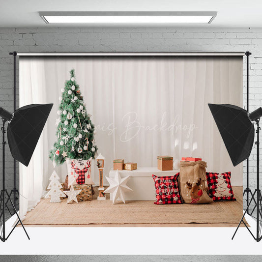 Lofaris White Curtain Trees Tatami Pillow Christmas Backdrop