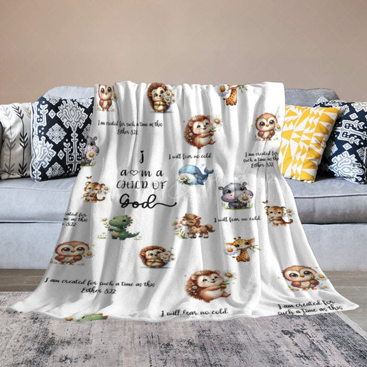 Lofaris White Cute Floral Animals Pattern Text Baby Blanket