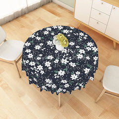 Lofaris White Daisy Floral Pattern Round Tablecloth Navy Blue Spring Kitchen Dining Decor