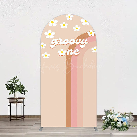 Lofaris White Daisy Floral Rainbow Groovy One Arch Backdrop