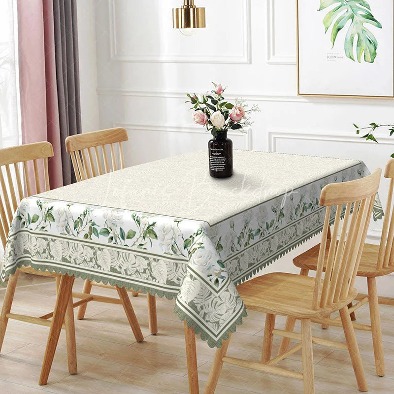 Lofaris White Damask Texture Green Floral Border Rectangle Tablecloth Classic Dining Decor Washable Kitchen Table Cover