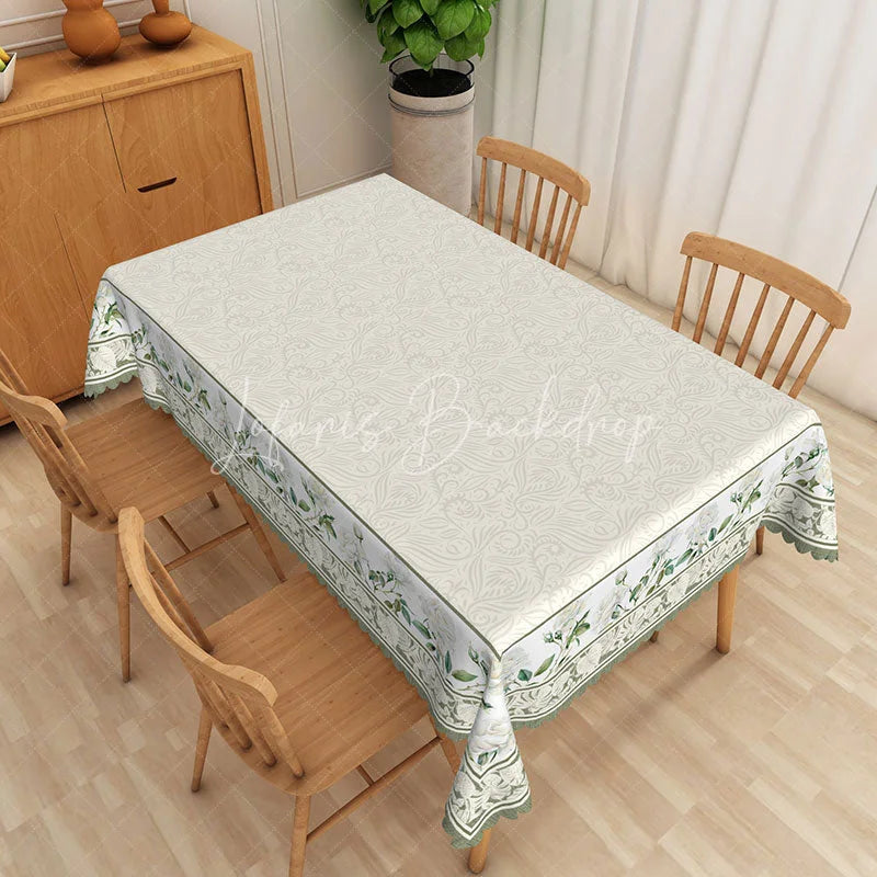 Lofaris White Damask Texture Green Floral Border Rectangle Tablecloth Classic Dining Decor Washable Kitchen Table Cover