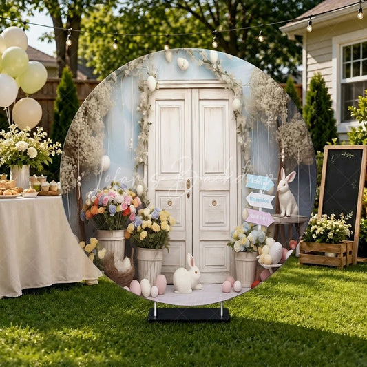Lofaris White Door Spring Garden Round Backdrop with Pastel Flowers and Easter Bunnies Celebration Decor
