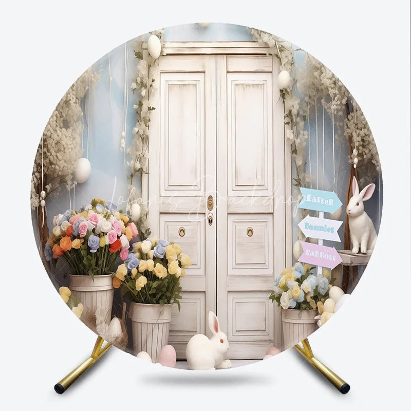 Lofaris White Door Spring Garden Round Backdrop with Pastel Flowers and Easter Bunnies Celebration Decor