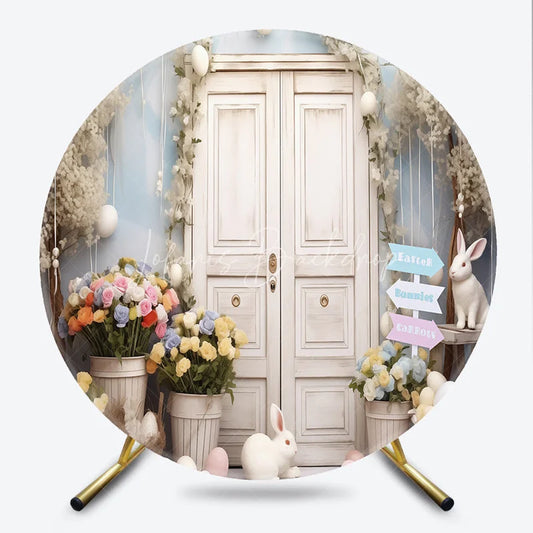 Lofaris White Door Spring Garden Round Backdrop with Pastel Flowers and Easter Bunnies Celebration Decor