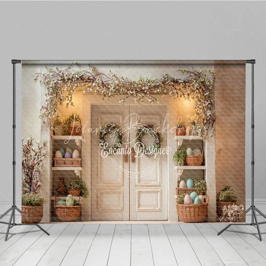 Lofaris White Doors Floral Garland Easter Photography Backdrop Green Wreaths and Egg Shelves Studio Background