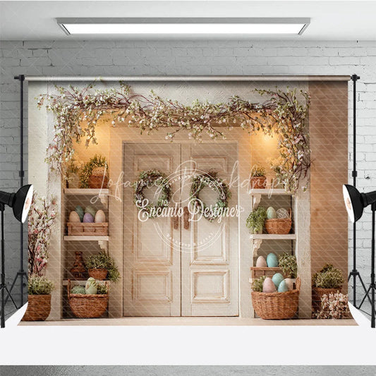 Lofaris White Doors Floral Garland Easter Photography Backdrop Green Wreaths and Egg Shelves Studio Background