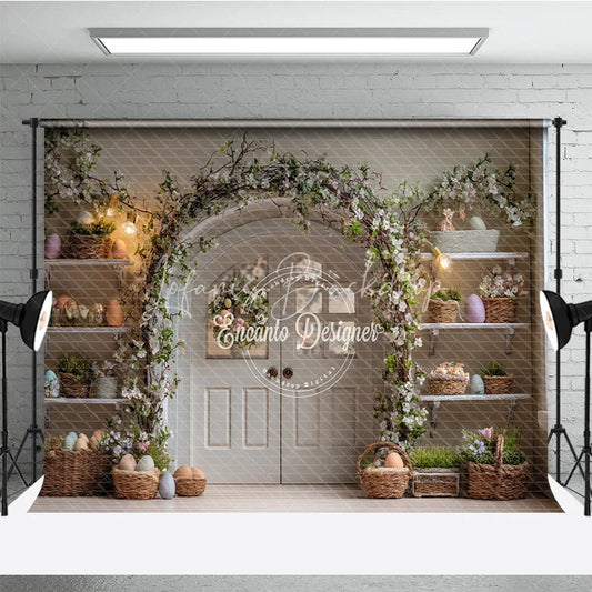 Lofaris White Double Doors Easter Photography Backdrop Floral Arch and Pastel Egg Shelves Studio Background