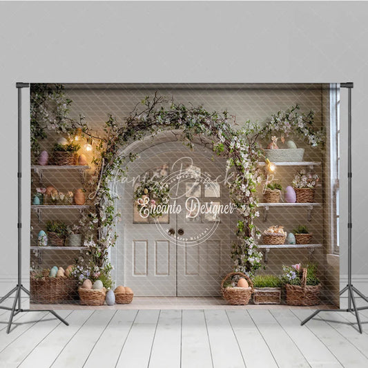 Lofaris White Double Doors Easter Photography Backdrop Floral Arch and Pastel Egg Shelves Studio Background