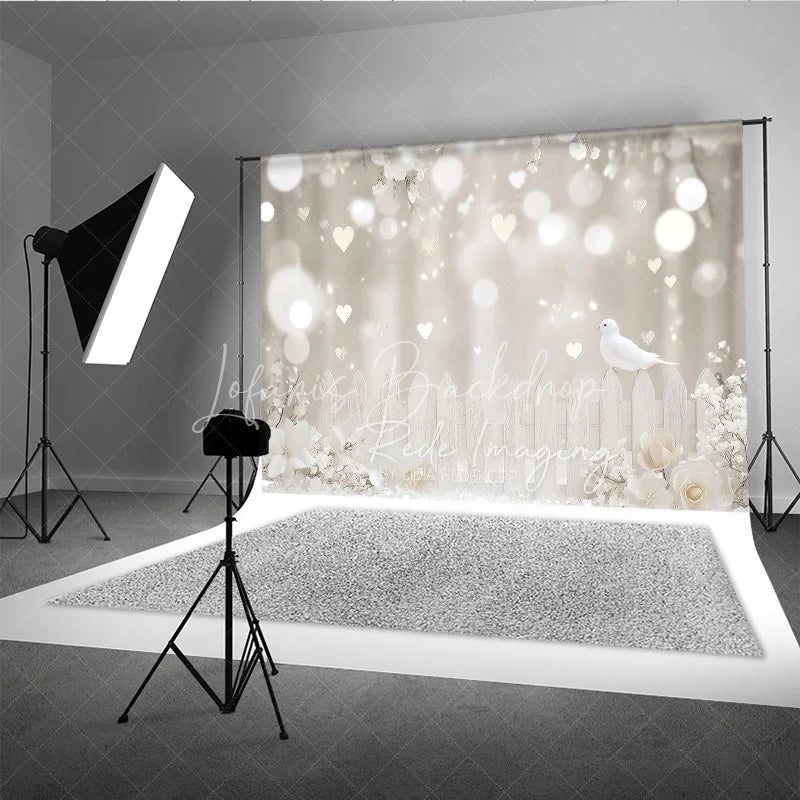 Lofaris White Dove and Heart Bokeh Photography Backdrop Elegant Floral Fence Romantic Wedding Studio Background