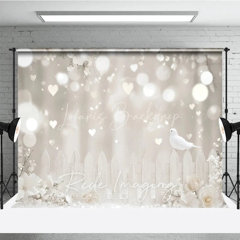 Lofaris White Dove and Heart Bokeh Photography Backdrop Elegant Floral Fence Romantic Wedding Studio Background