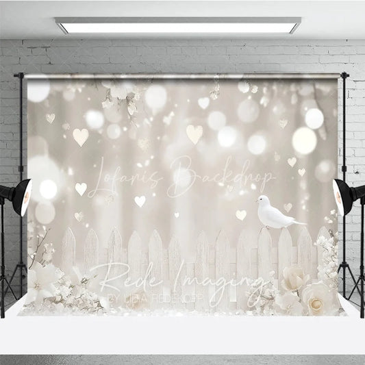 Lofaris White Dove and Heart Bokeh Photography Backdrop Elegant Floral Fence Romantic Wedding Studio Background