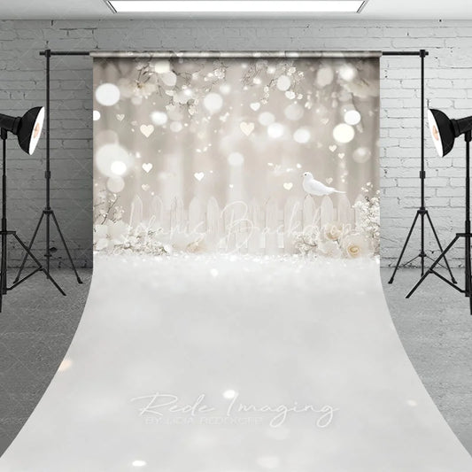 Lofaris White Dove Heart Bokeh Photography Backdrop Dreamy Floral Fence Seamless Sweep Portrait Studio Background