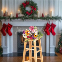 Lofaris White Fireplace Christmas Backdrop Red Stocking Wreath Photography Background Indoor Living Room Holiday Party Decoration