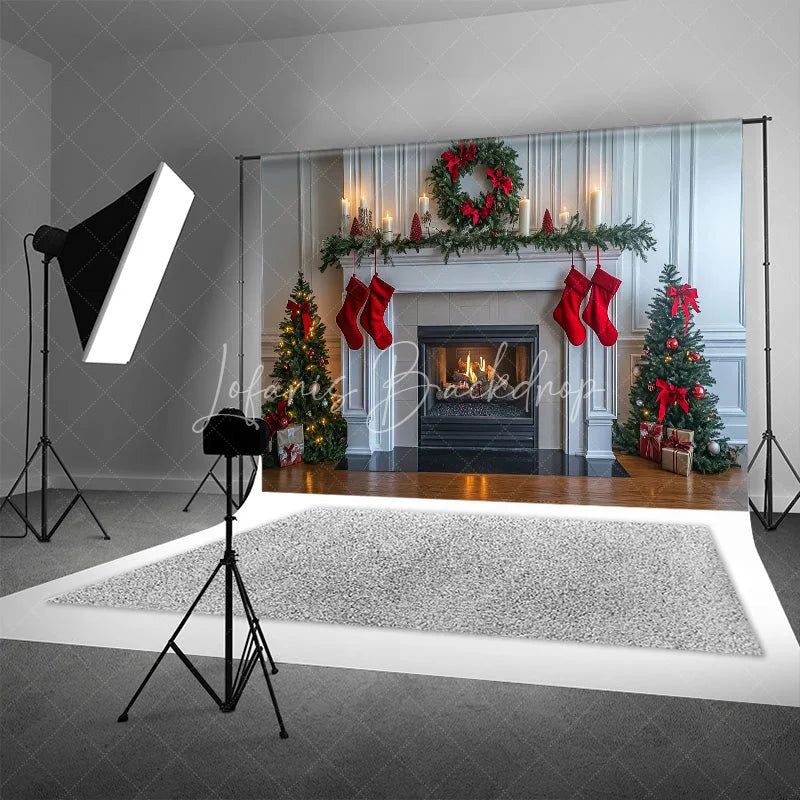 Lofaris White Fireplace Christmas Backdrop Red Stocking Wreath Photography Background Indoor Living Room Holiday Party Decoration