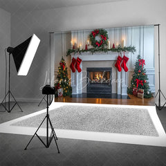 Lofaris White Fireplace Christmas Backdrop Red Stocking Wreath Photography Background Indoor Living Room Holiday Party Decoration