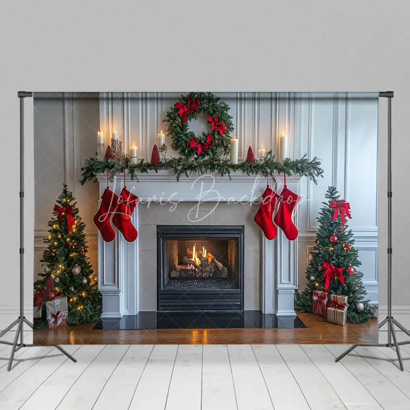 Lofaris White Fireplace Christmas Backdrop Red Stocking Wreath Photography Background Indoor Living Room Holiday Party Decoration