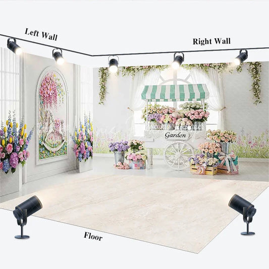 Lofaris White Floral Garden Room Set Backdrop with Flower Cart and Pastel Blooms Romantic Spring Photography Prop