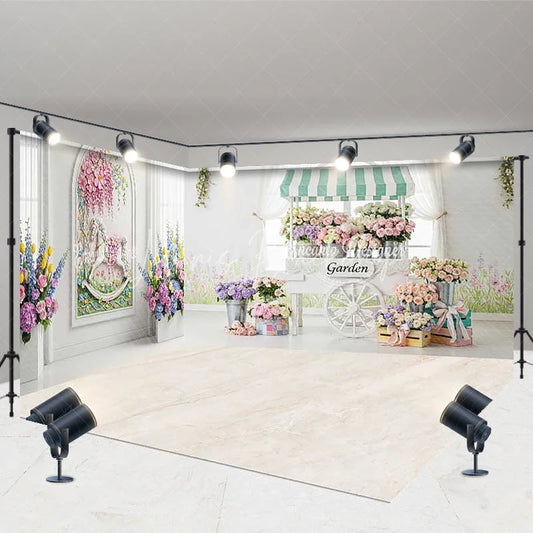 Lofaris White Floral Garden Room Set Backdrop with Flower Cart and Pastel Blooms Romantic Spring Photography Prop