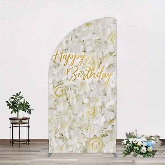 Lofaris White Floral Happy Birthday Sweety Half Moon Arch Backdrop