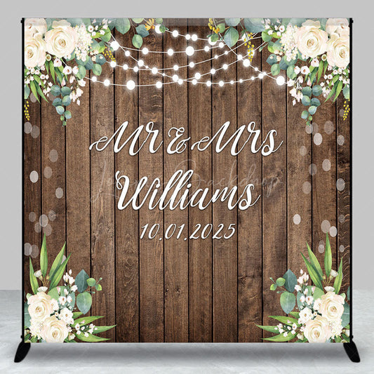 Lofaris White Floral Wooden Bokeh Custom Name Wedding Backdrop