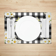 Lofaris White Floral Wreath on Black Plaid Set of 4 Placemats for Modern Farmhouse and Country Kitchen Dining