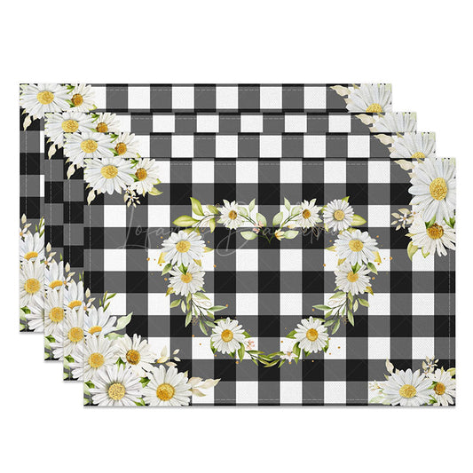 Lofaris White Floral Wreath on Black Plaid Set of 4 Placemats for Modern Farmhouse and Country Kitchen Dining
