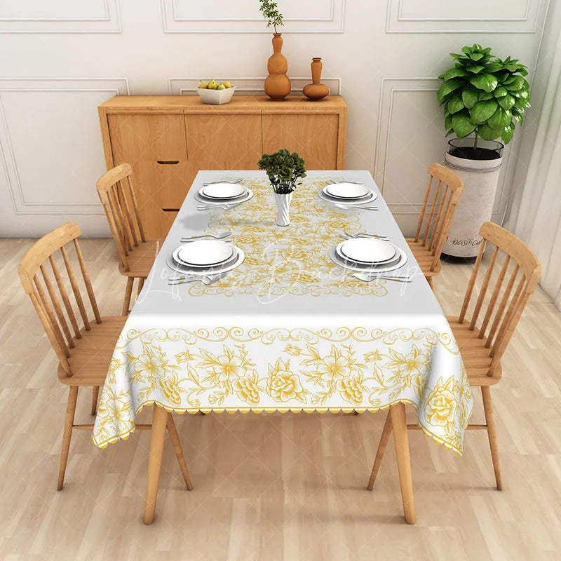 Lofaris White Gold Floral Rectangle Tablecloth Elegant Damask Flower Dining Table Cover for Wedding