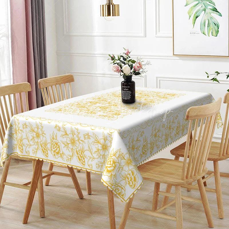 Lofaris White Gold Floral Rectangle Tablecloth Elegant Damask Flower Dining Table Cover for Wedding