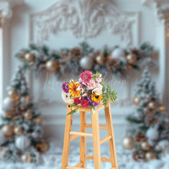 Lofaris White Gold Luxury Wall Snowy Pine Leaves Backdrop