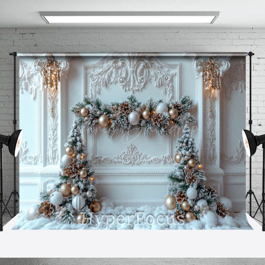 Lofaris White Gold Luxury Wall Snowy Pine Leaves Backdrop
