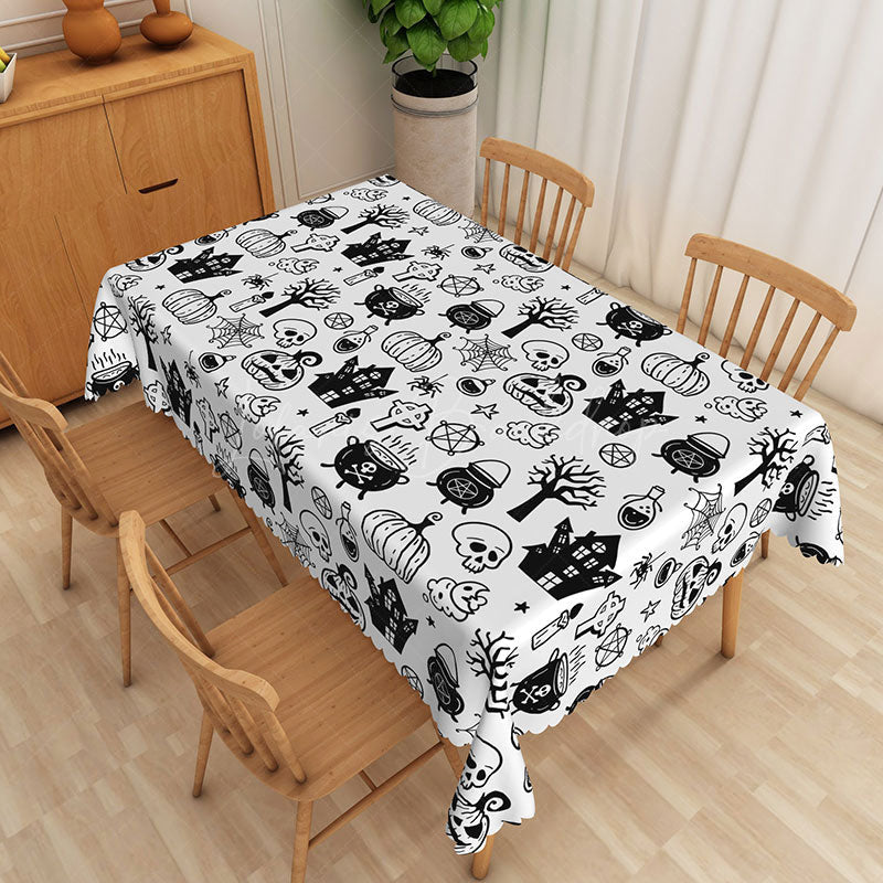 Lofaris White Halloween Rectangle Tablecloth with Bats and Spider Webs for Modern Spooky Party Decorations