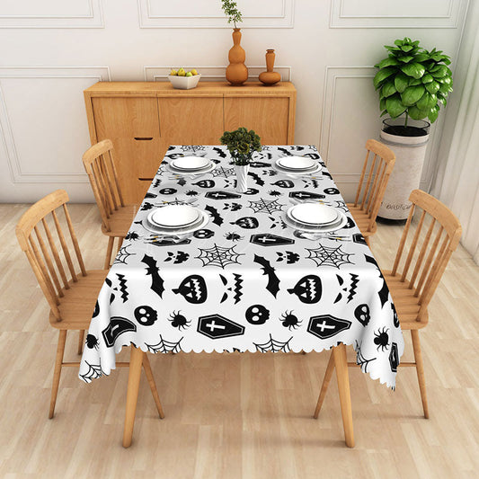 Lofaris White Halloween Rectangle Tablecloth with Skulls Bats and Ghosts for Modern Spooky Party Decor