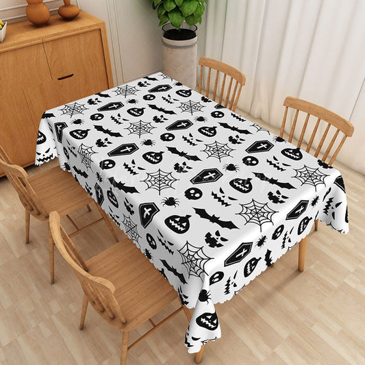 Lofaris White Halloween Rectangle Tablecloth with Skulls Bats and Ghosts for Modern Spooky Party Decor