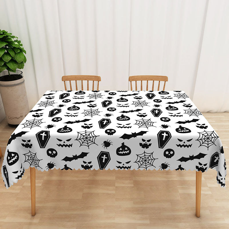 Lofaris White Halloween Rectangle Tablecloth with Skulls Bats and Ghosts for Modern Spooky Party Decor