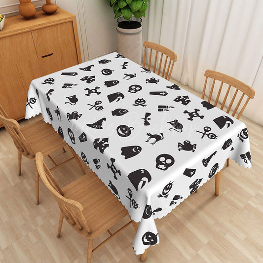 Lofaris White Halloween Rectangle Tablecloth with Skulls Bats and Pumpkins for Modern Spooky Party Decor