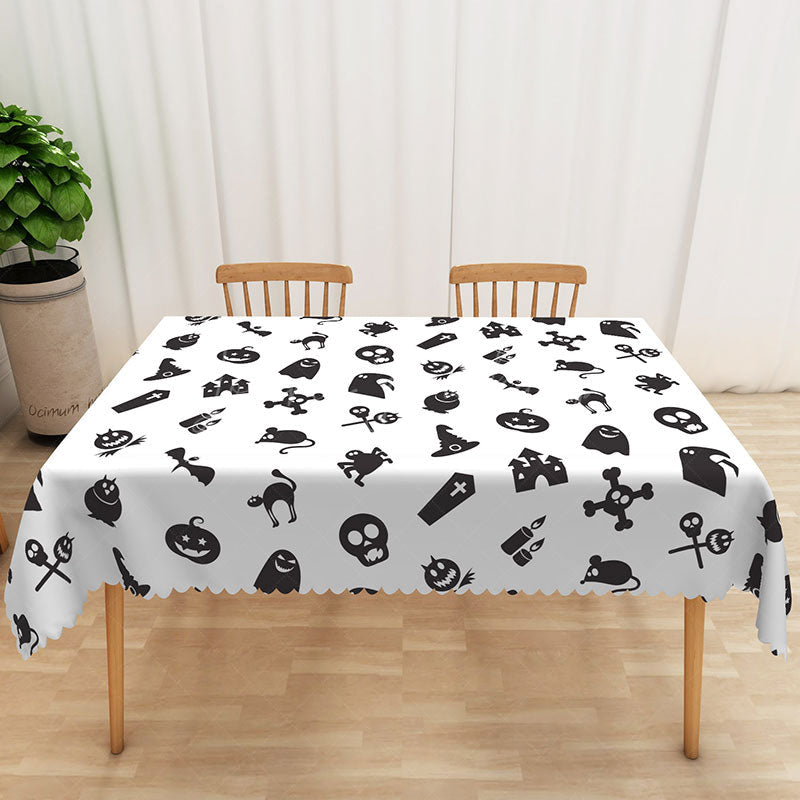 Lofaris White Halloween Rectangle Tablecloth with Skulls Bats and Pumpkins for Modern Spooky Party Decor