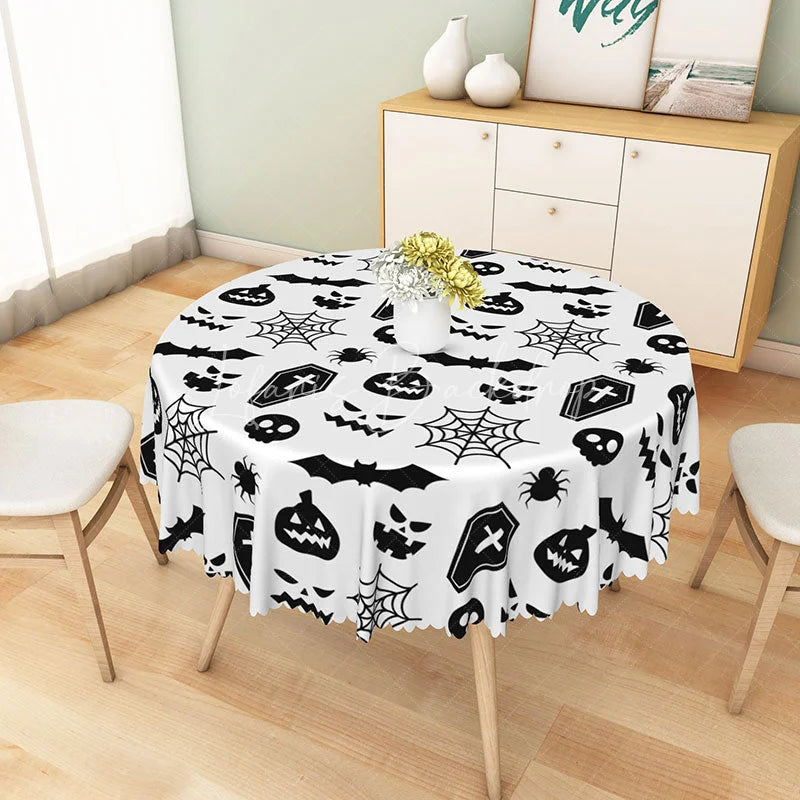 Lofaris White Halloween Round Tablecloth with Bats Spiderwebs and Jack-o’-Lanterns for Spooky Decor