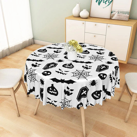 Lofaris White Halloween Round Tablecloth with Bats Spiderwebs and Jack-o’-Lanterns for Spooky Decor